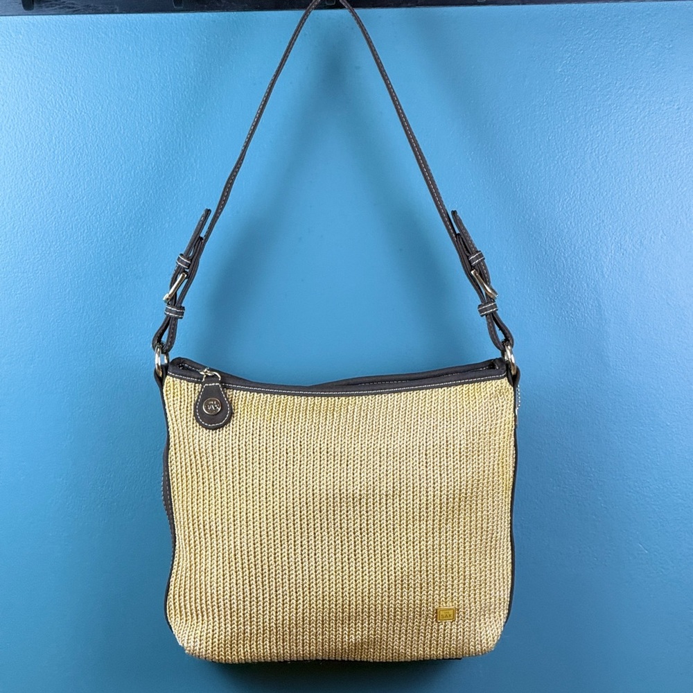The Sak Straw-Weave Shoulder Bag with Brown Trim
